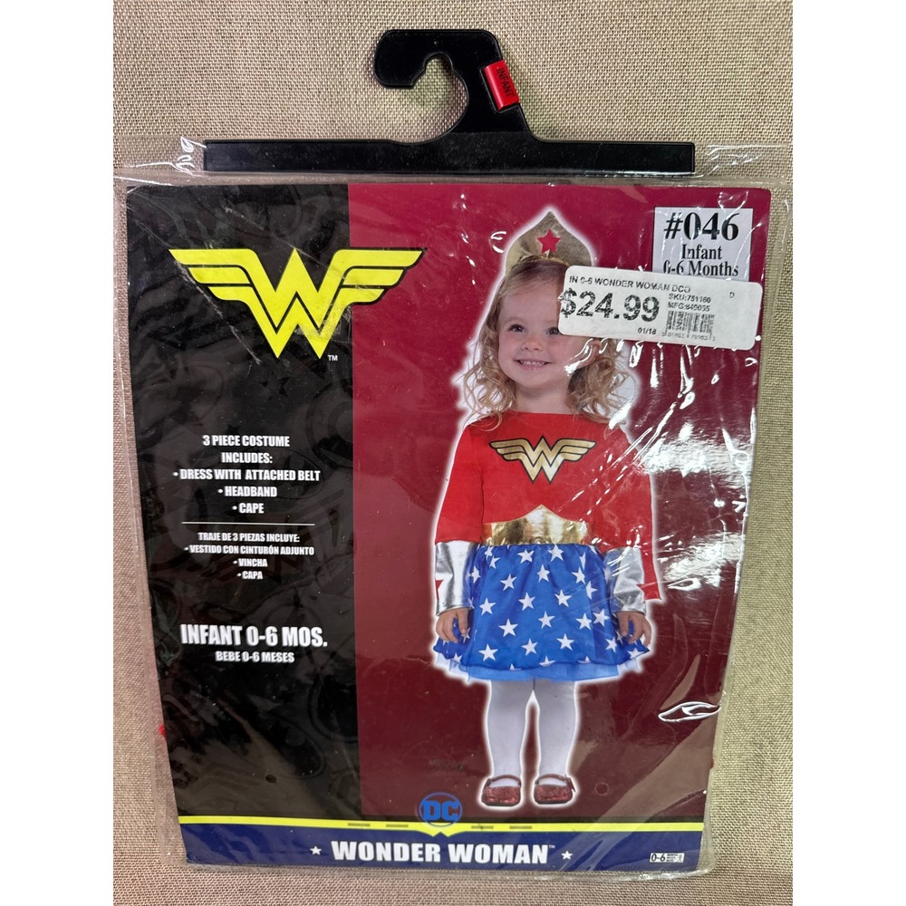 DC Comics Wonder Woman Infant Costume Dress Cape Headband 0-6 Months 3pc Set
